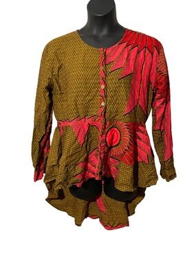 Button-Front Floral Peplum Tunic in Brown and Pink